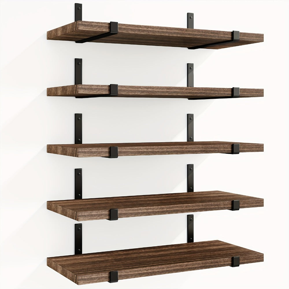 Five-Piece Rustic Floating Shelf Set with Black Metal Brackets in Light Brown, Dark Brown or Black-Gold Finishes