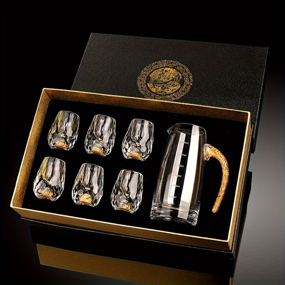 24K Gold Plated Crystal Wine Set – 1 Decanter & 6 Cups with Leakproof Crystal Glasses – Elegant Black Gift Box – Luxury Home Bar