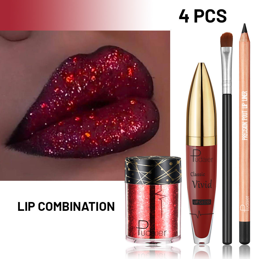 Four-Piece Glitter Lip Art Set with Loose Glitter Pot, Color Tube, Liner Pencil and Applicator Brush