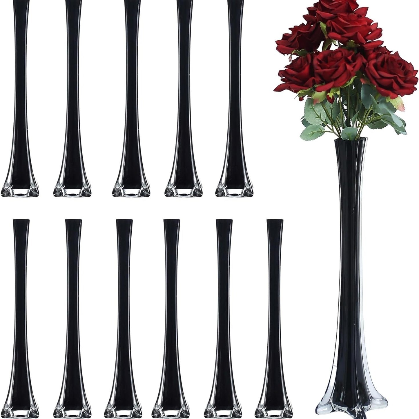 Eiffel Tower Vase Pack of 12 – Tall Glass Flower Vases for Wedding Centerpiece, Event Table Decor, Floral Arrangements & Party Decoration