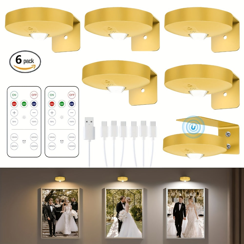 Picture Lights for Wall Rechargeable, Magnetic LED Art Display Light with Remote 3 Color Temperatures Dimmable Timer Golden Finish