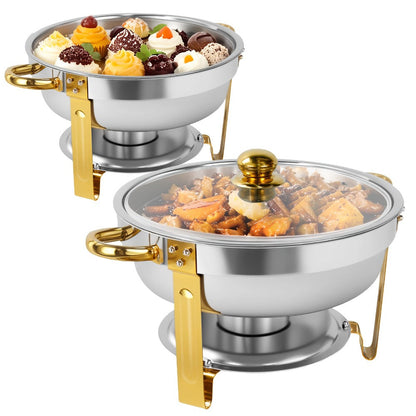 Golden Chafing Dish Buffet Set with Glass Lid 6QT Round Stainless Steel Food Warmer Chafer for Catering Party Dinners Weddings