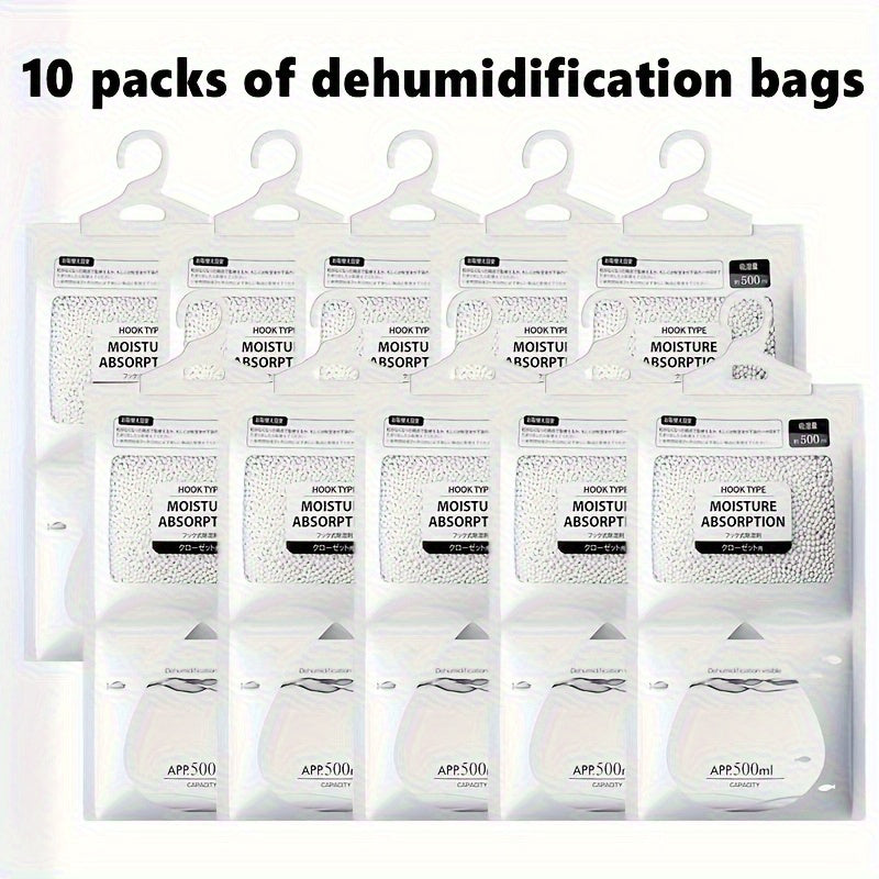 Hanging Moisture Absorber Bags 10-Pack, Dehumidifier Bags for Closet Wardrobe Bedroom Bathroom