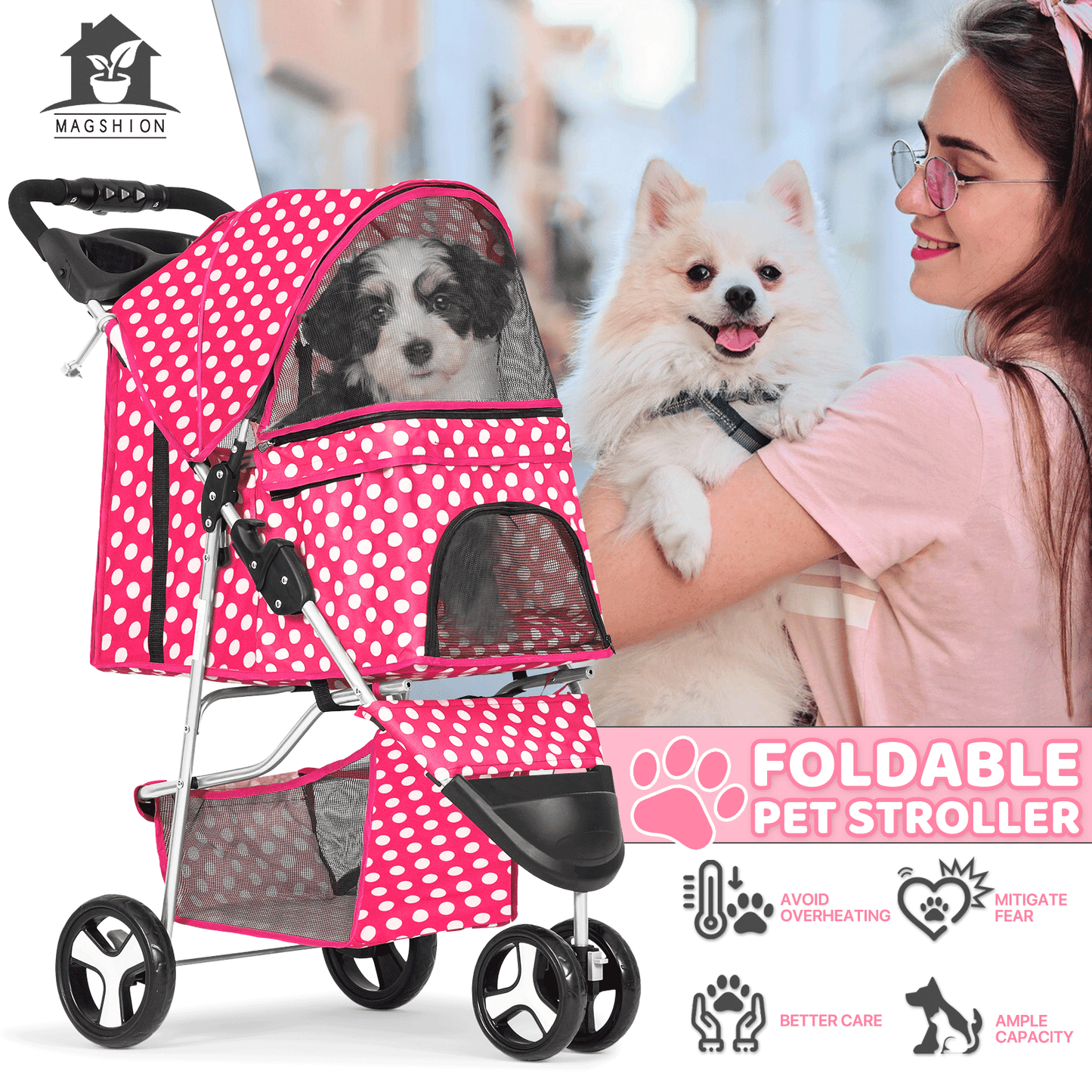 Pet Jogger Stroller 3-Wheel for Small & Medium Dogs & Cats up to 33 lbs – Foldable Oxford Waterproof Dog Cat Pram with 360° Swivel Wheels