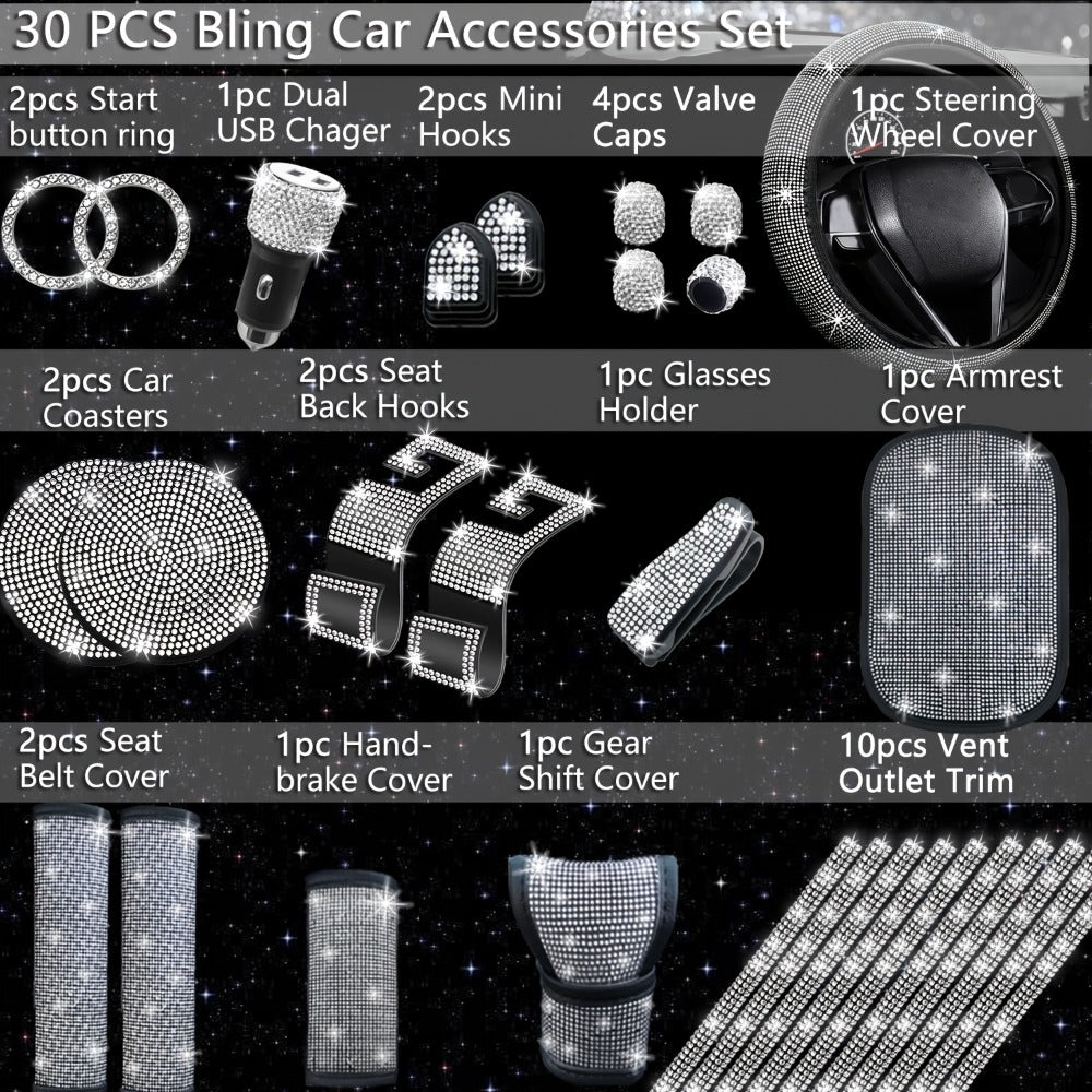 30-Piece Bling Car Interior Accessories Set with 15-Inch Steering Wheel Cover, Seat Belt Pads and Trim