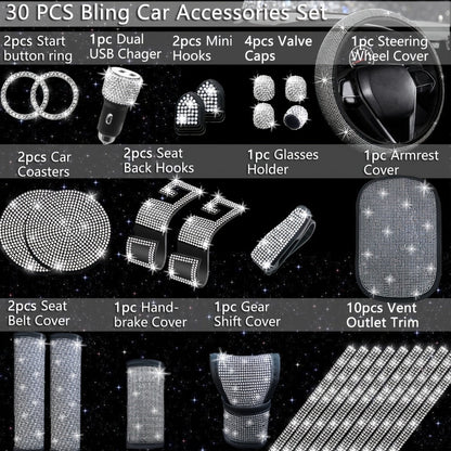 30-Piece Bling Car Interior Accessories Set with 15-Inch Steering Wheel Cover, Seat Belt Pads and Trim
