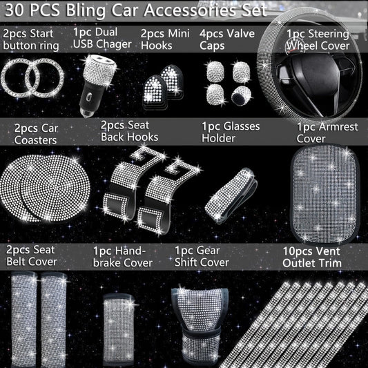 30-Piece Bling Car Interior Accessories Set with 15-Inch Steering Wheel Cover, Seat Belt Pads and Trim