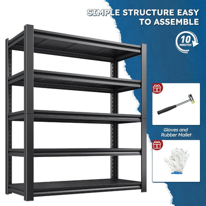 Metal Shelving Unit 5-Tier - Powder-Coated Steel Storage Rack, Adjustable Height, No-Tool Assembly