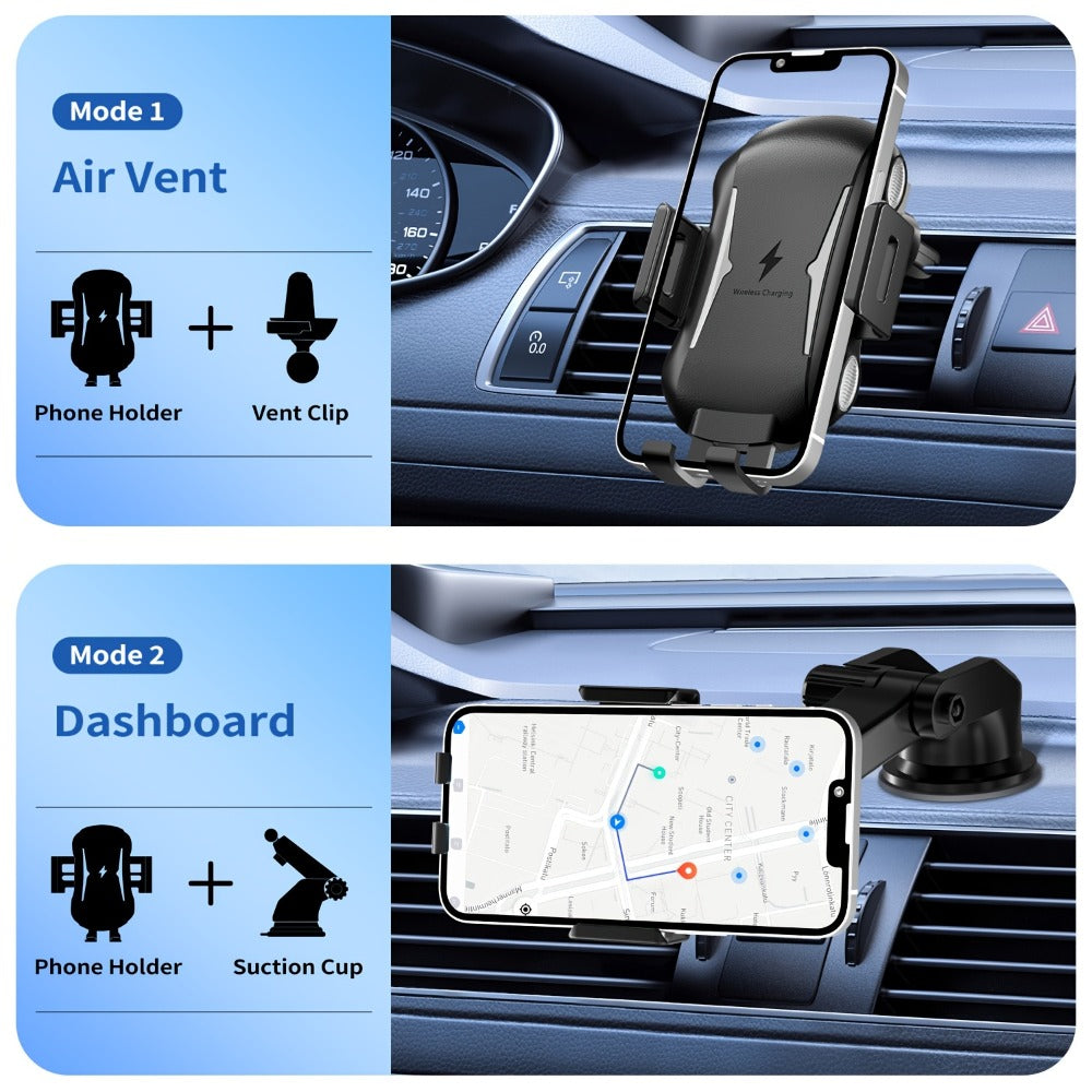 10W Auto-Sensing Car Phone Mount with Wireless Charging Clamp, Vent Clip and Suction-Style Base