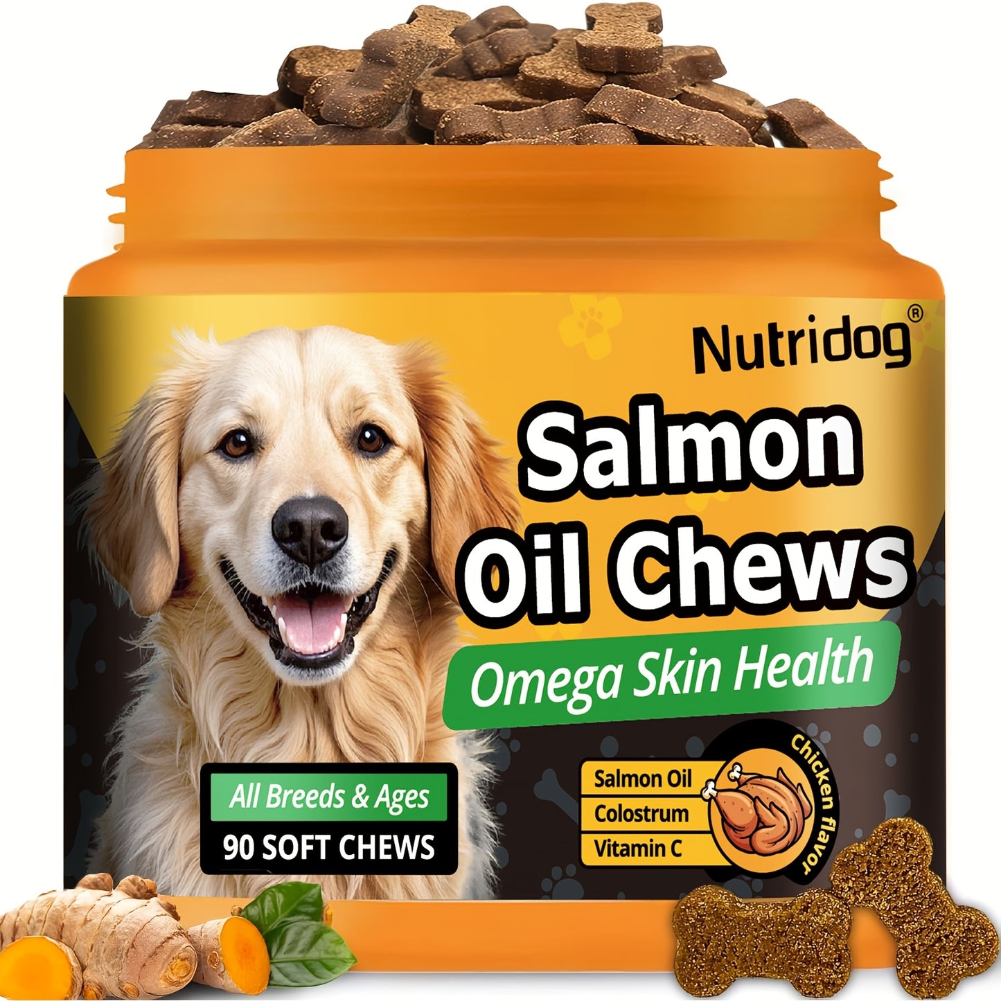 Dog Probiotic Chews with Salmon Oil – 90 Soft Chews for Coat & Gut Health | Chicken Flavor Nutritional Supplement for Dogs of All Ages