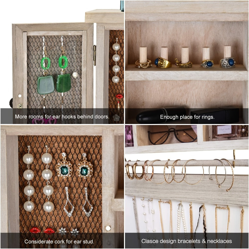 Jewelry Organizer Rustic Wall-Mounted Wood Shelf with Removable Bracelet Rod, Necklace Hooks and Ring Slots