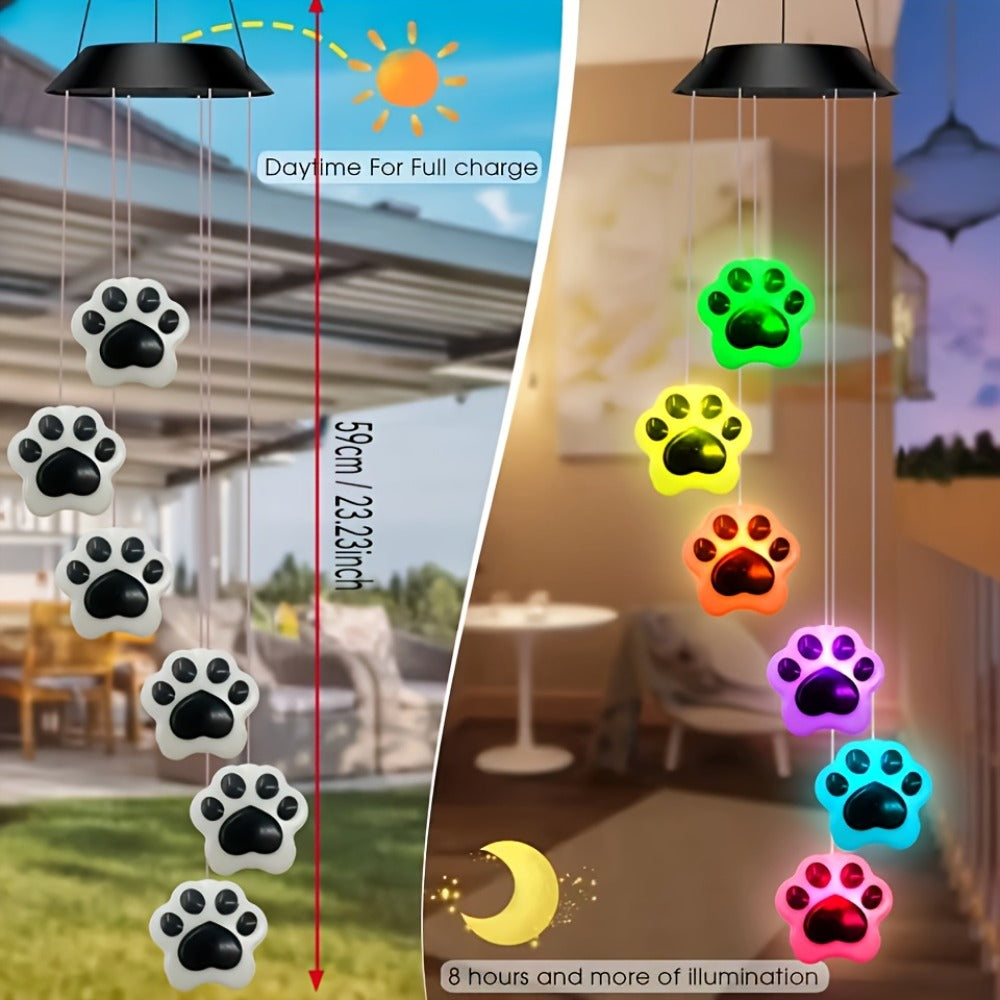 Solar Wind Chime Light Paw Print RGB Color Changing Outdoor Garden Hanging Decoration for Entryways, Bedrooms and Living Spaces