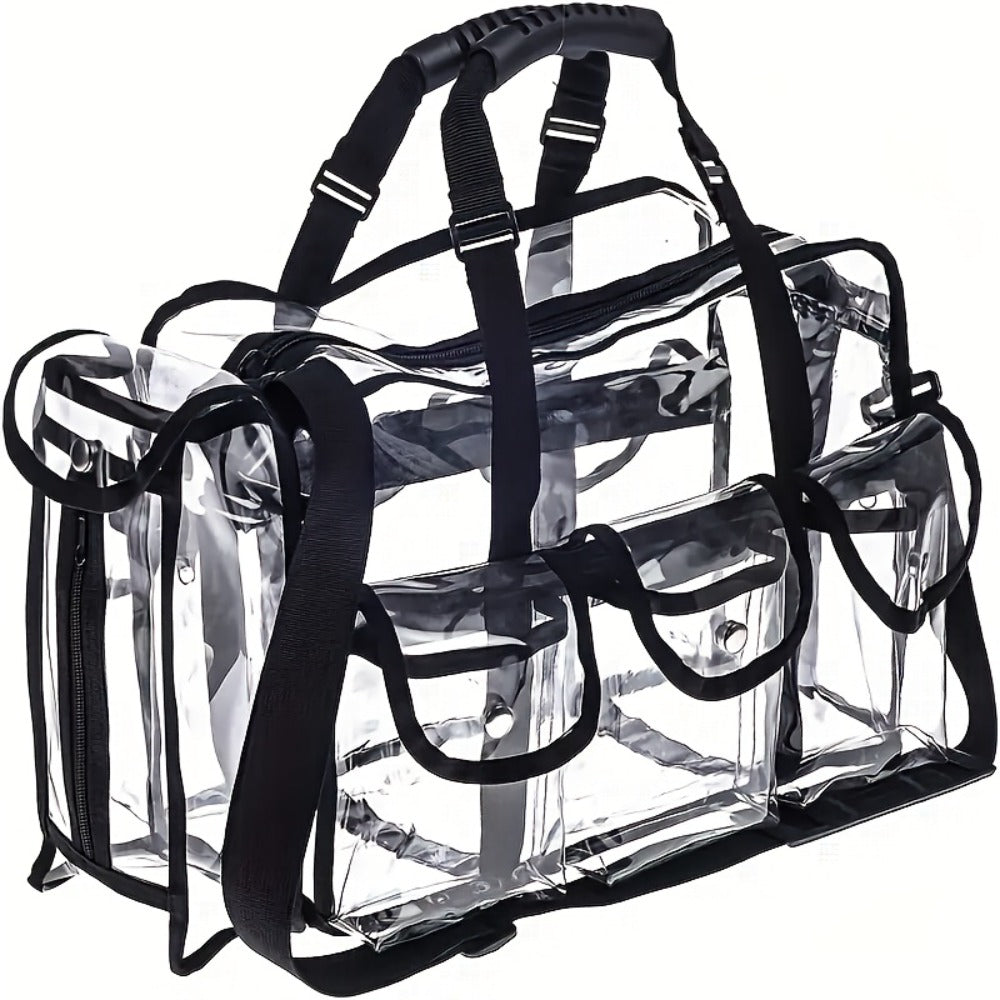 Stadium Approved Clear PVC Tote Bag Extra Large Transparent Shoulder Bag 3 External Pockets Adjustable Straps Waterproof for Men Women