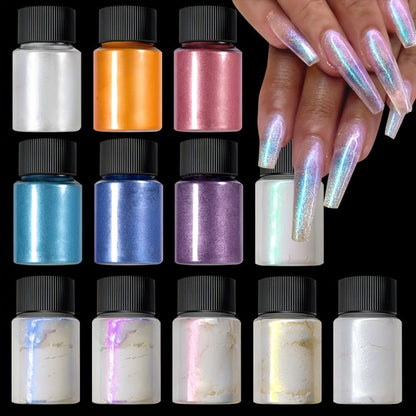 Aurora Nail Powder 12 Colors Chrome Pearl Glitter Neon Dust Holographic Iridescent Pigment Set for Chrome