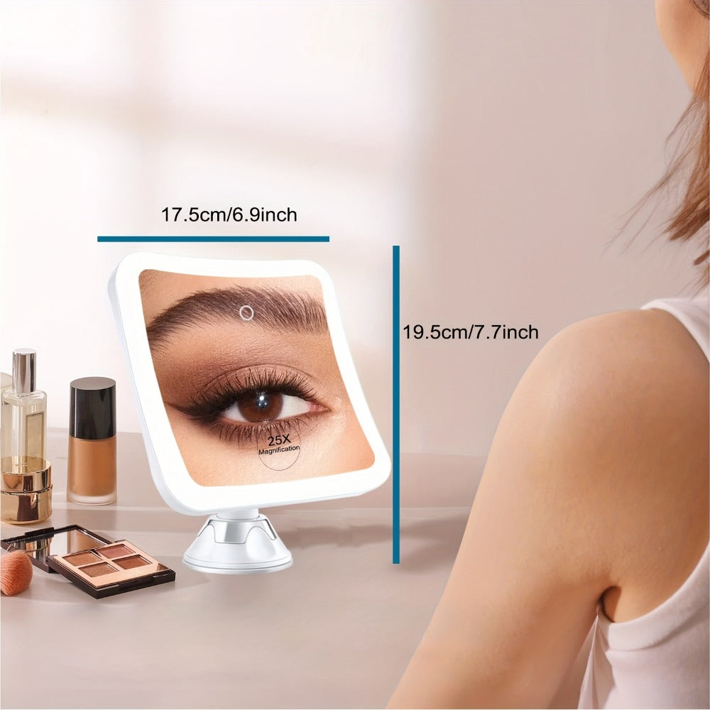 25X Magnifying Mirror with LED Light Suction Cup Mount, for Makeup, Travel and Everyday Vanity Use