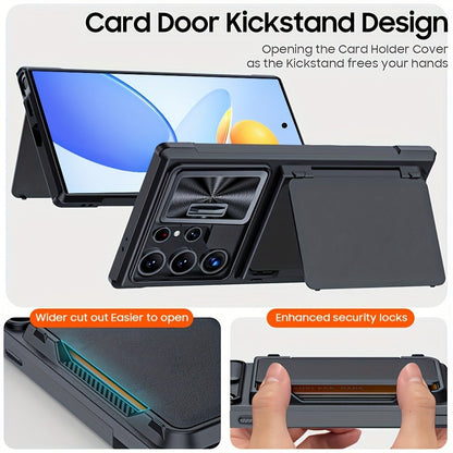 Phone Case Wallet with 4–5 Card Holder, Multi-Angle Stand and Sliding Lens Cover for Galaxy S24 Ultra