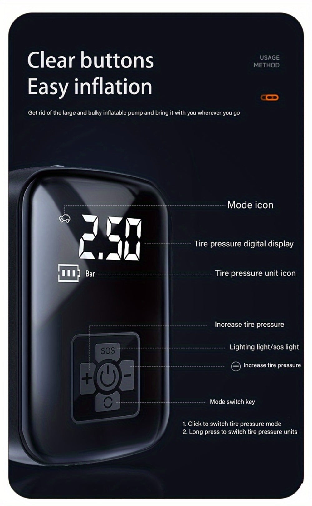 Portable Tire Inflator Air Compressor 150PSI 100W Cordless 4000mAh Digital Display 5 Modes USB-C Fast Charge for Car Motorcycle Bicycle Ball