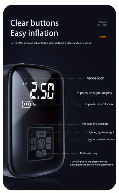 Portable Tire Inflator Air Compressor 150PSI 100W Cordless 4000mAh Digital Display 5 Modes USB-C Fast Charge for Car Motorcycle Bicycle Ball