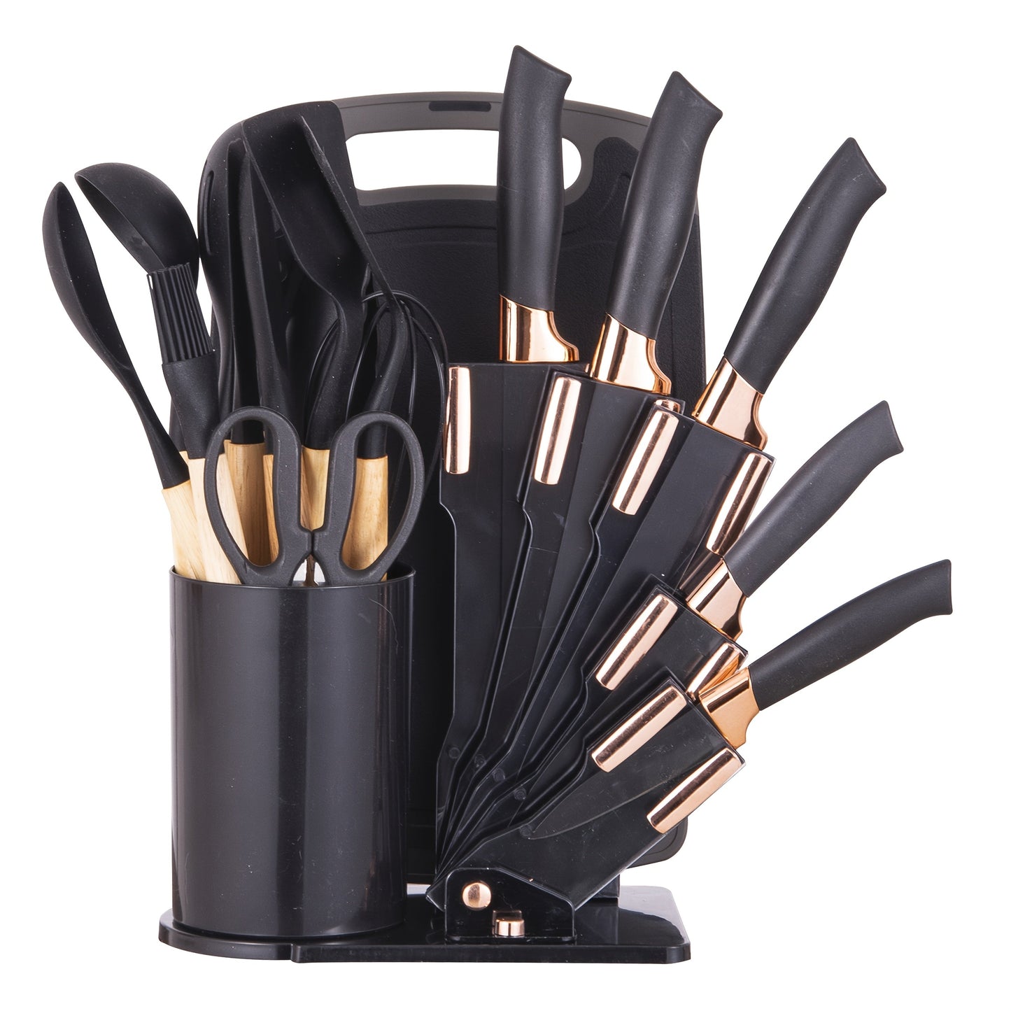 Kitchen Knife Set 19-Piece with Stainless Steel Blades, Wood Handles, Silicone Utensils, Board, Shears and Holder