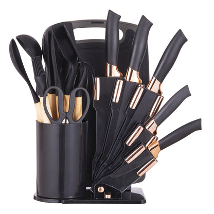 Kitchen Knife Set 19-Piece with Stainless Steel Blades, Wood Handles, Silicone Utensils, Board, Shears and Holder