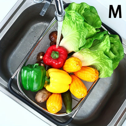Expandable Sink Colander Stainless Steel, Over the Sink Strainer Basket with Fine Mesh & Rubber Grip