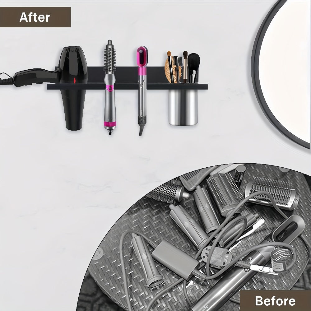 Wall Mounted Hair Tool Organizer – Wooden Hair Dryer Holder & Storage Rack for Curling Iron, Straightener & Brushes