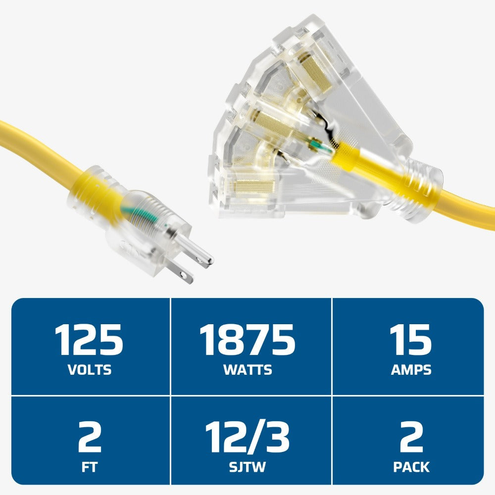 Extension Cord Splitter Tri-Tap 2-Pack, 15A SJTW Contractor Grade, LED Lighted Plug, 2ft Yellow Jacket for Outdoor & Job Site Use