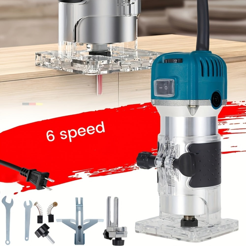Six-Speed 800W Laminate Trimmer with Clear Base, Shaft Lock and Guide Accessories in Blue Housing