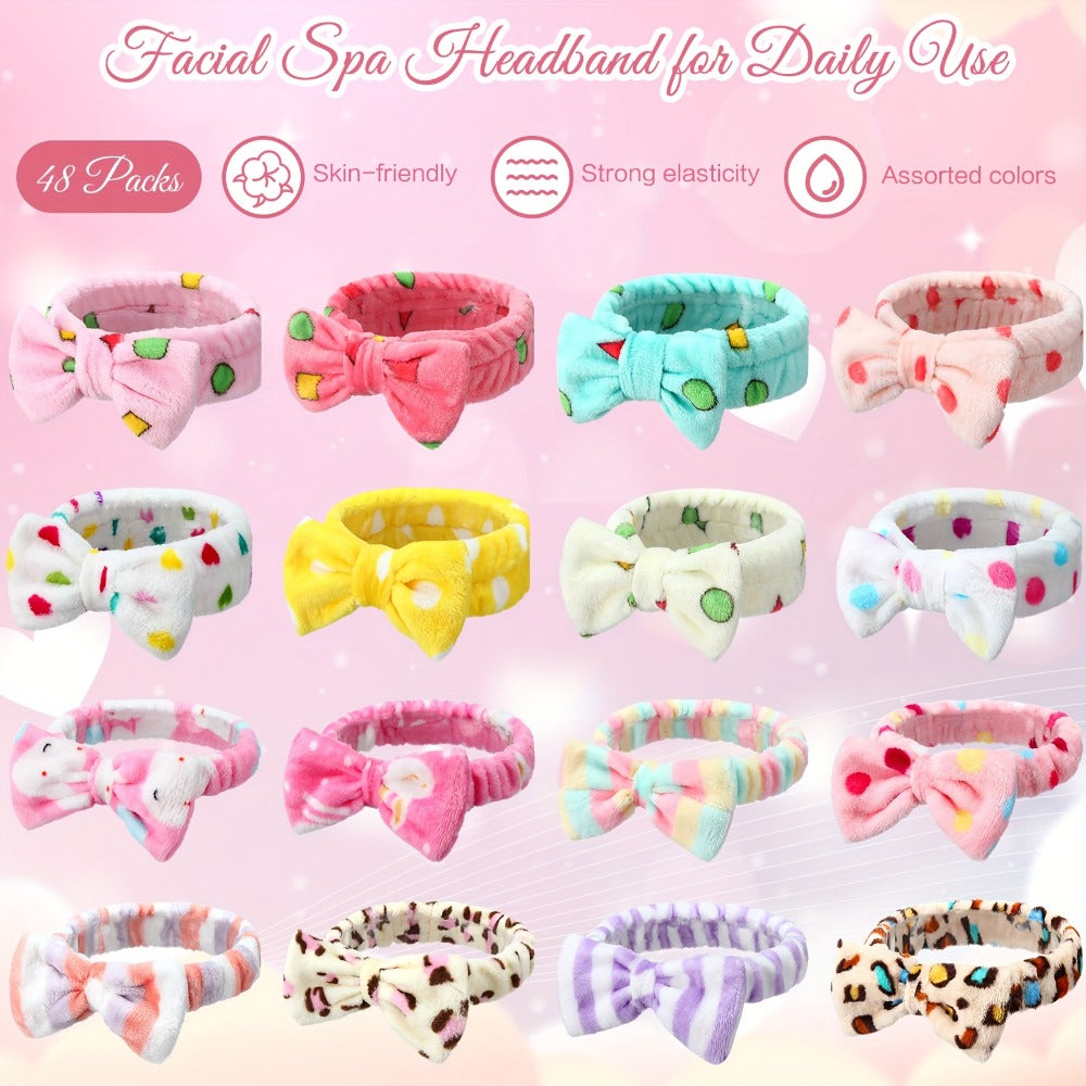 Spa Headbands for Women 48 Pack Fluffy Plush Bow Hair Band – Novel Pattern Mixed Color Bulk Set for Face Washing Makeup Shower Skincare