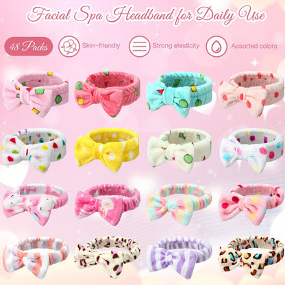 Spa Headbands for Women 48 Pack Fluffy Plush Bow Hair Band – Novel Pattern Mixed Color Bulk Set for Face Washing Makeup Shower Skincare