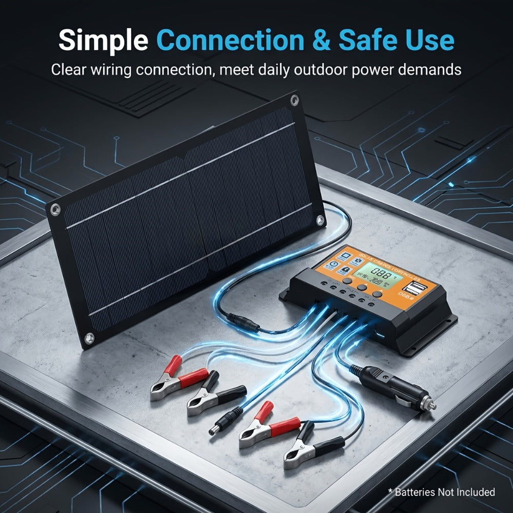 Solar Panel Kit with Charge Controller, Extension Cord & Battery Clamps – Universal Off-Grid Power for RV, Boat, Motorcycle