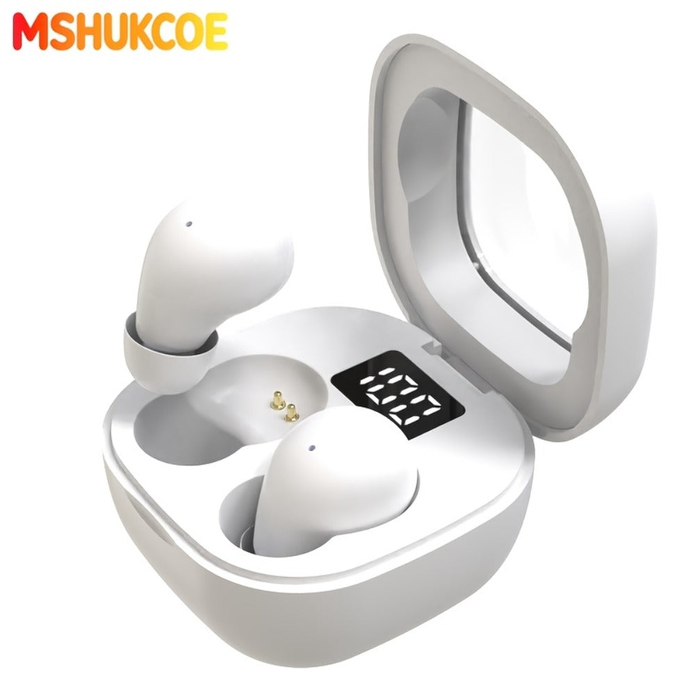 Wireless Earbuds MSHUKCOE Ultra-Thin Sleep and Game Modes with Compact Case in Khaki or White