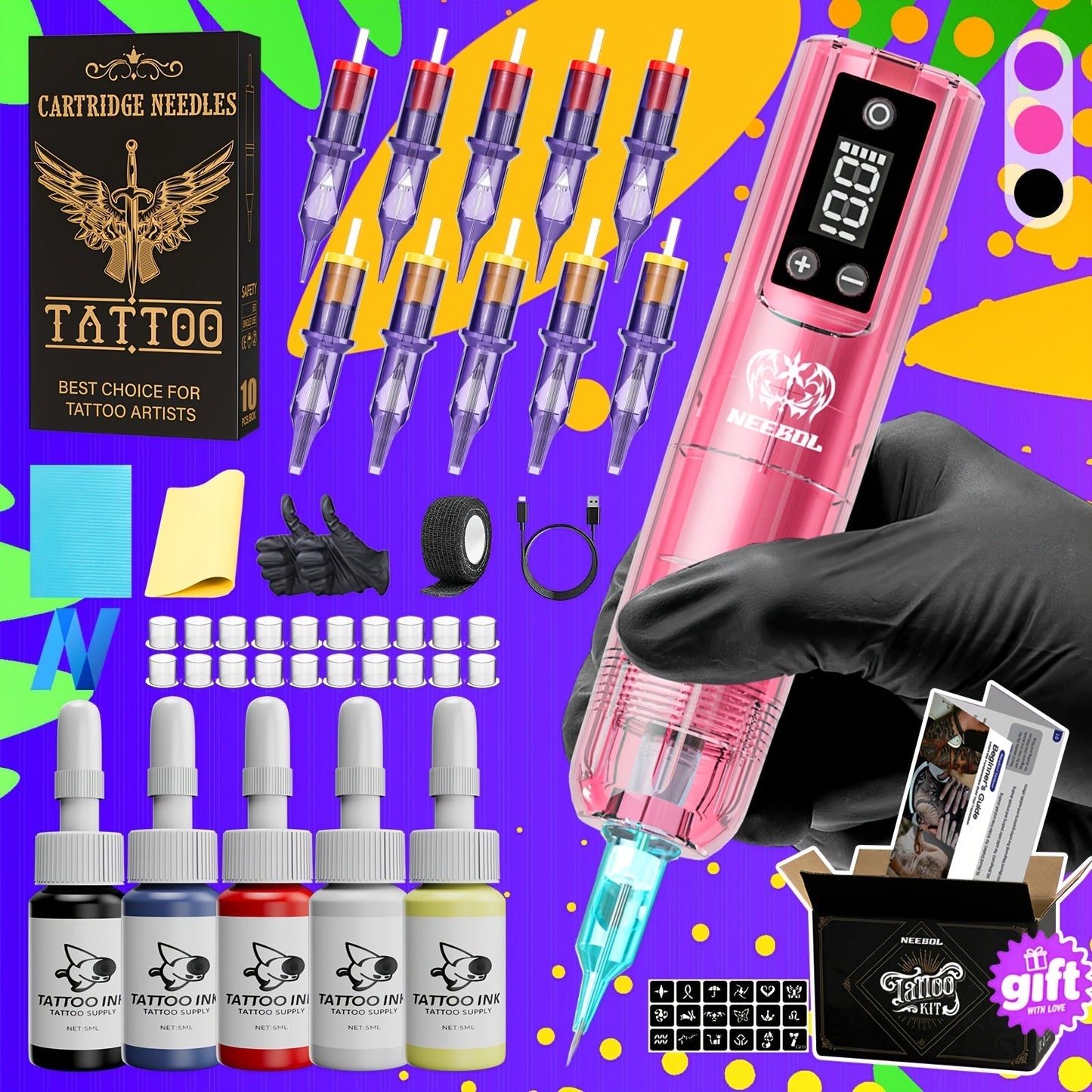 Cordless Rotary Tattoo Machine Kit Complete Set with Screen Display 6-8Hr Battery 20 Needles 7 Inks