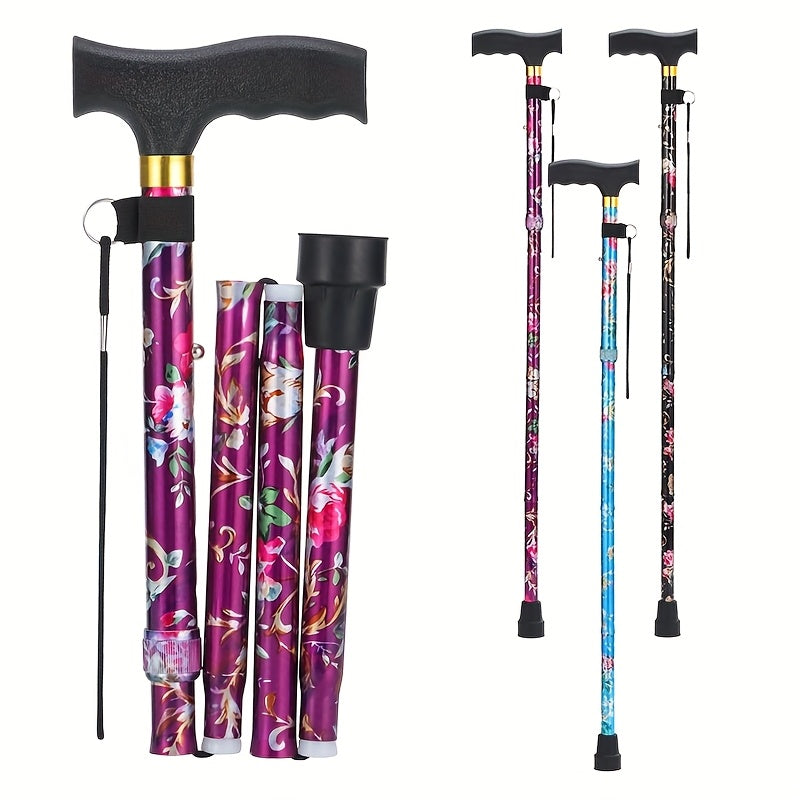 Foldable Walking Cane for Seniors Adjustable Height Folding Stick with Wrist Strap T-Handle for Entryways, Bedrooms and Living Spaces