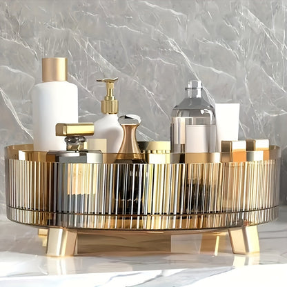 Round Rotating Makeup Organizer Tray with Ribbed Sides and Gold-Tone Feet in White, Green or Orange