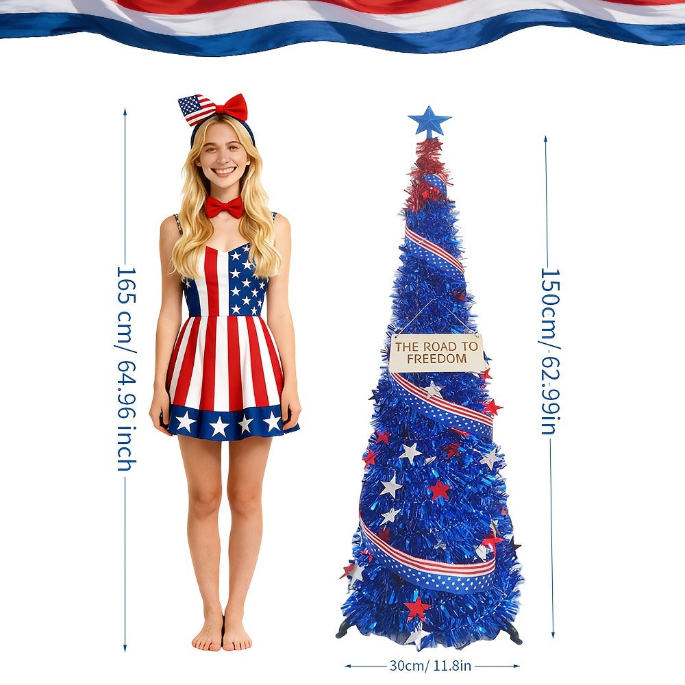 4th of July Decorative Tree 5ft LED Light, Foldable Patriotic Stars & Stripes Blue Christmas Tree with Red White Blue LED String Lights