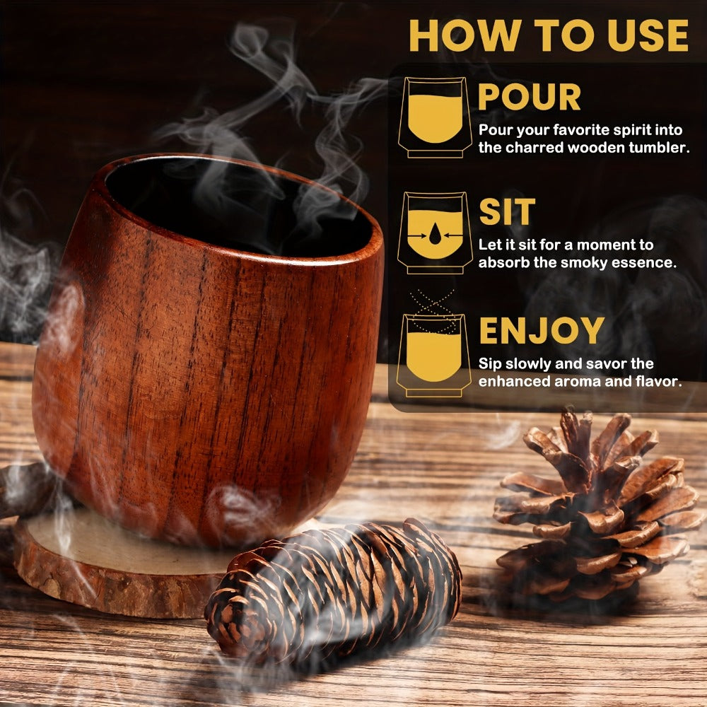 Charred Wooden Bourbon Whiskey Glass Set, 2 Jujube Wood Old Fashioned Tumbler Glasses & 8 Granite Whiskey Stones