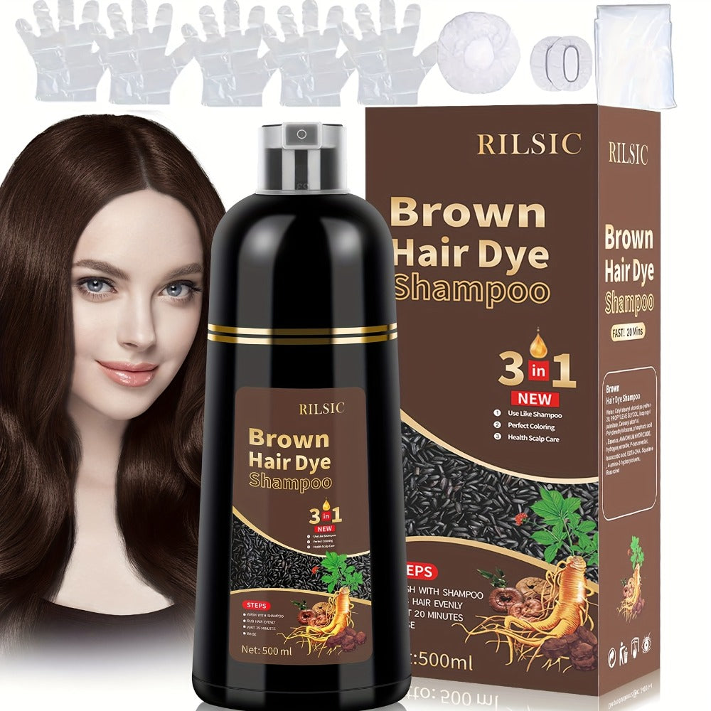 Hair Dye Shampoo, RILSIC Three-Pack of 500ml Bottles in Black, Brown, Dark Brown or Chestnut Brown