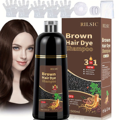 Hair Dye Shampoo, RILSIC Three-Pack of 500ml Bottles in Black, Brown, Dark Brown or Chestnut Brown