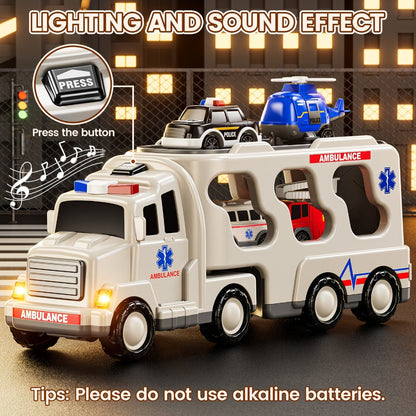 Ambulance Truck Toy Set for Boys, 5-in-1 Friction Power Carrier Truck with Lights & Sounds