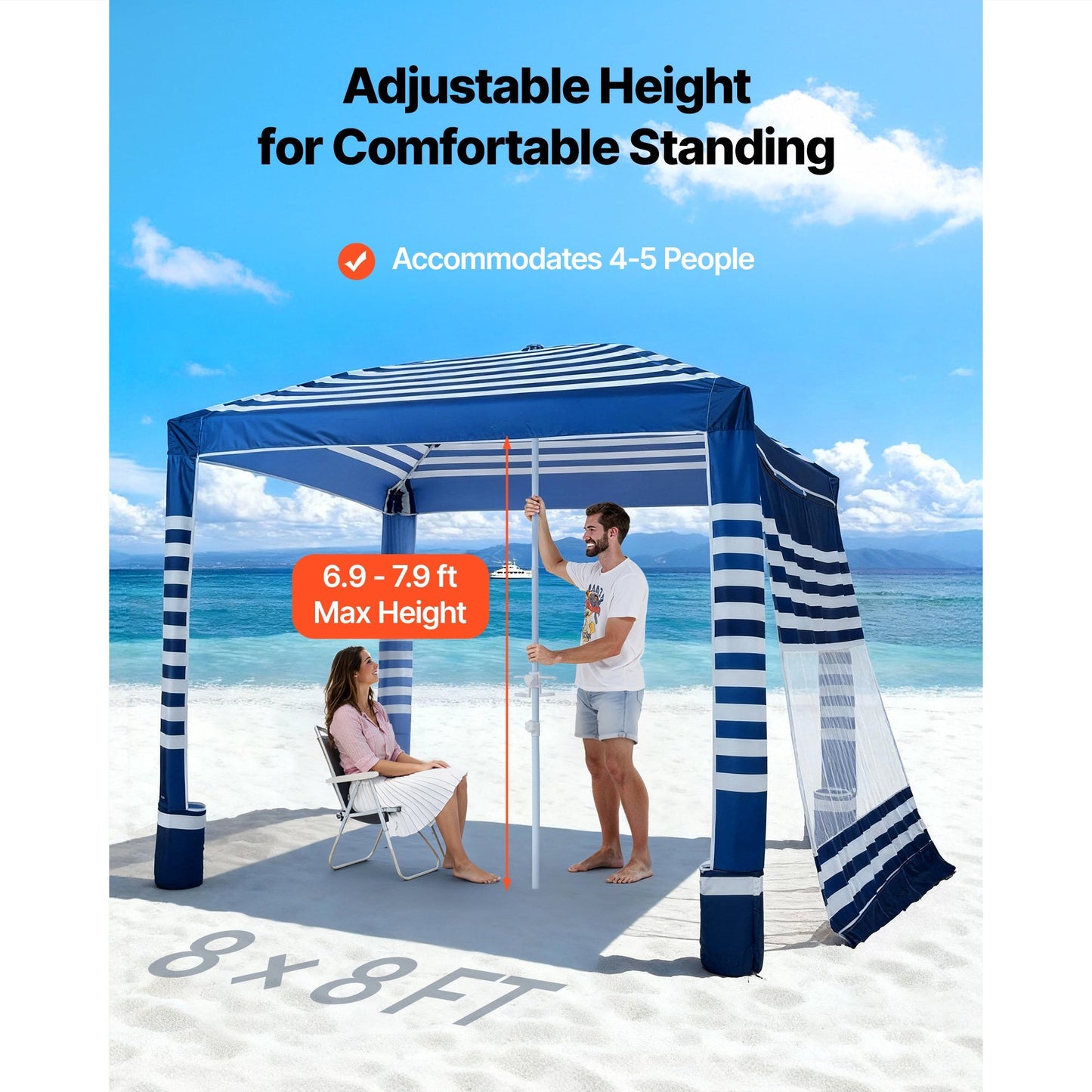 Beach Cabana 8x8ft UPF 50+ Adjustable Height Side Wall Navy Stripes for Garden, Patio and Yard Use