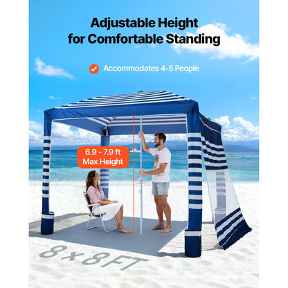 Beach Cabana 8x8ft UPF 50+ Adjustable Height Side Wall Navy Stripes for Garden, Patio and Yard Use
