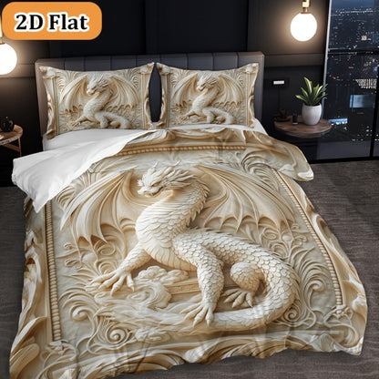 3-Piece Duvet Cover Set with Ivory Coiled Dragon Print, Ornate Carved-Look Artwork and Four Sizes