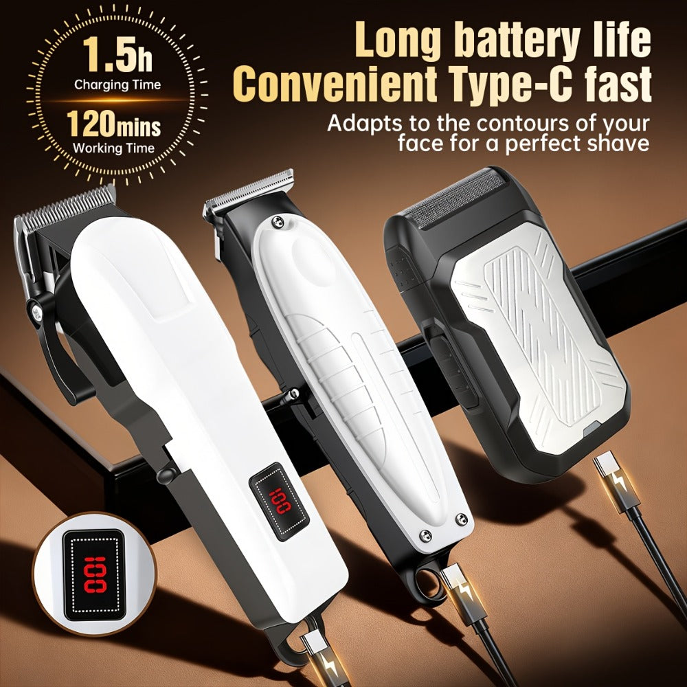 Hair Clippers & Trimmers White One-, Two- or Three-Piece Set with LCD Displays, USB-C Charging and Guide Combs
