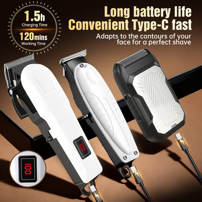 Hair Clippers & Trimmers White One-, Two- or Three-Piece Set with LCD Displays, USB-C Charging and Guide Combs