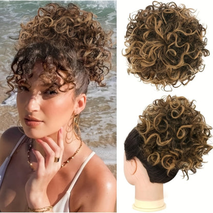 Hair Extensions Curly 10-Inch Synthetic Drawstring Bun with Comb Clips, 80g Weight and Two Brown Color Options