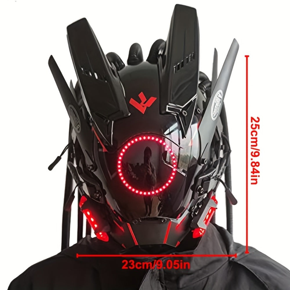 LED Cyberpunk Samurai Mask with Braids, Futuristic Sci-Fi Mechanical Face Mask for Halloween, Cosplay
