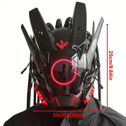 LED Cyberpunk Samurai Mask with Braids, Futuristic Sci-Fi Mechanical Face Mask for Halloween, Cosplay