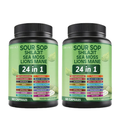 24-in-1 Daily Wellness Capsules with Soursop, Shilajit, Sea Moss & Lion's Mane, 2238mg Immune & Liver Health Formula for Men & Women