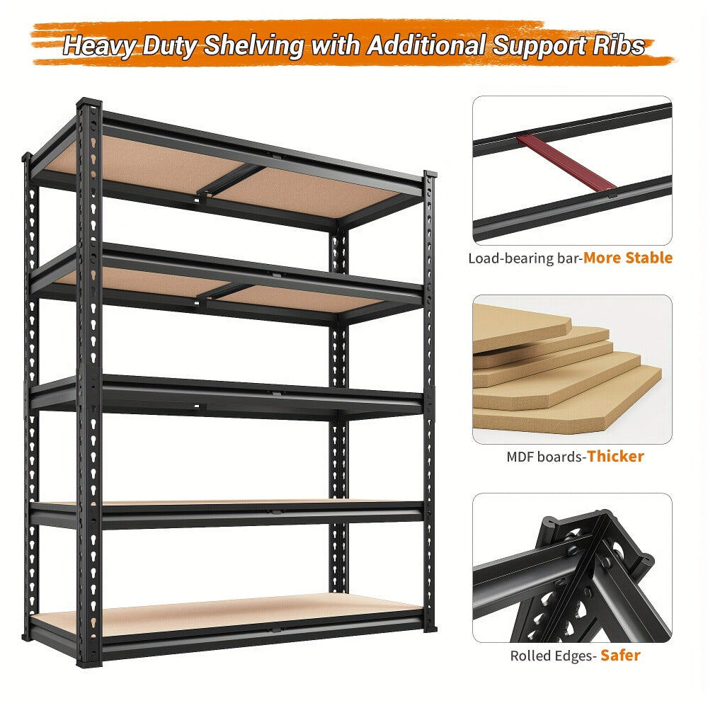 Garage Shelving 5-Tier Metal Storage Shelves Adjustable Steel Shelf Unit for Garage Basement Warehouse Easy Assembly Black Silver